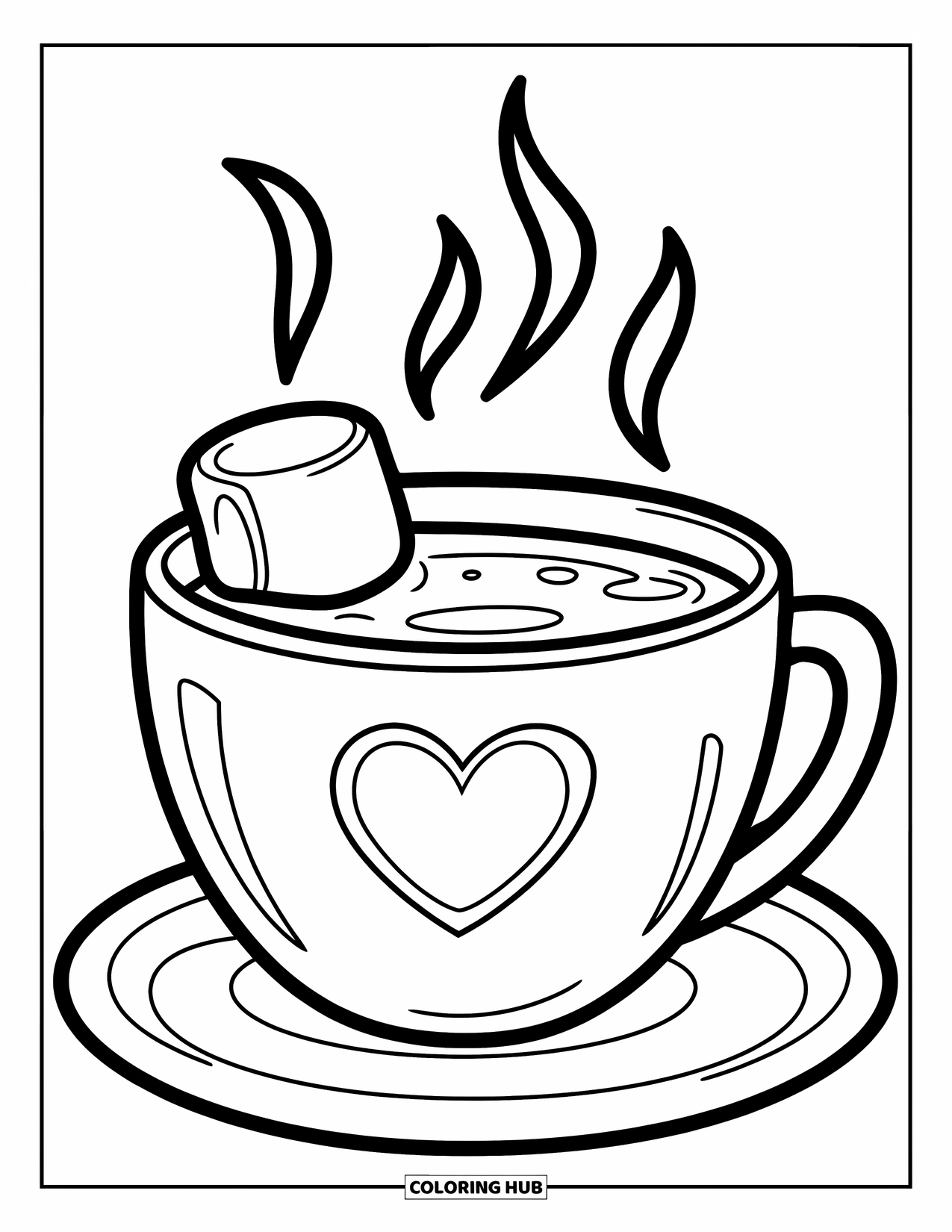 January Coloring Page for Kids: Hot cocoa with heart mug and marshmallow on a saucer