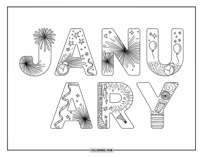Coloriage de janvier pour enfants : Les lettres de « janvier » remplies de feux d'artifice, de ballons, d'horloges et de serpentins