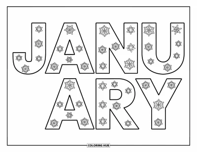 Coloriage de janvier pour enfants : Les lettres de « janvier » remplies de flocons géométriques et dentelés