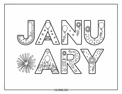 Coloriage de janvier pour enfants : Les lettres de « janvier » étincellent avec des horloges, des ballons et des feux d'artifice festifs