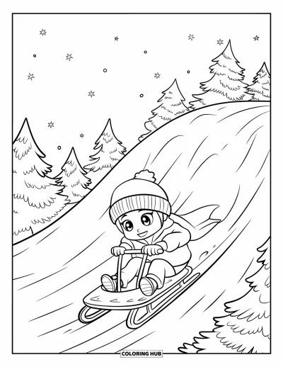 Coloriage de janvier pour enfants : Enfant en luge qui dévale une pente à travers la forêt enneigée