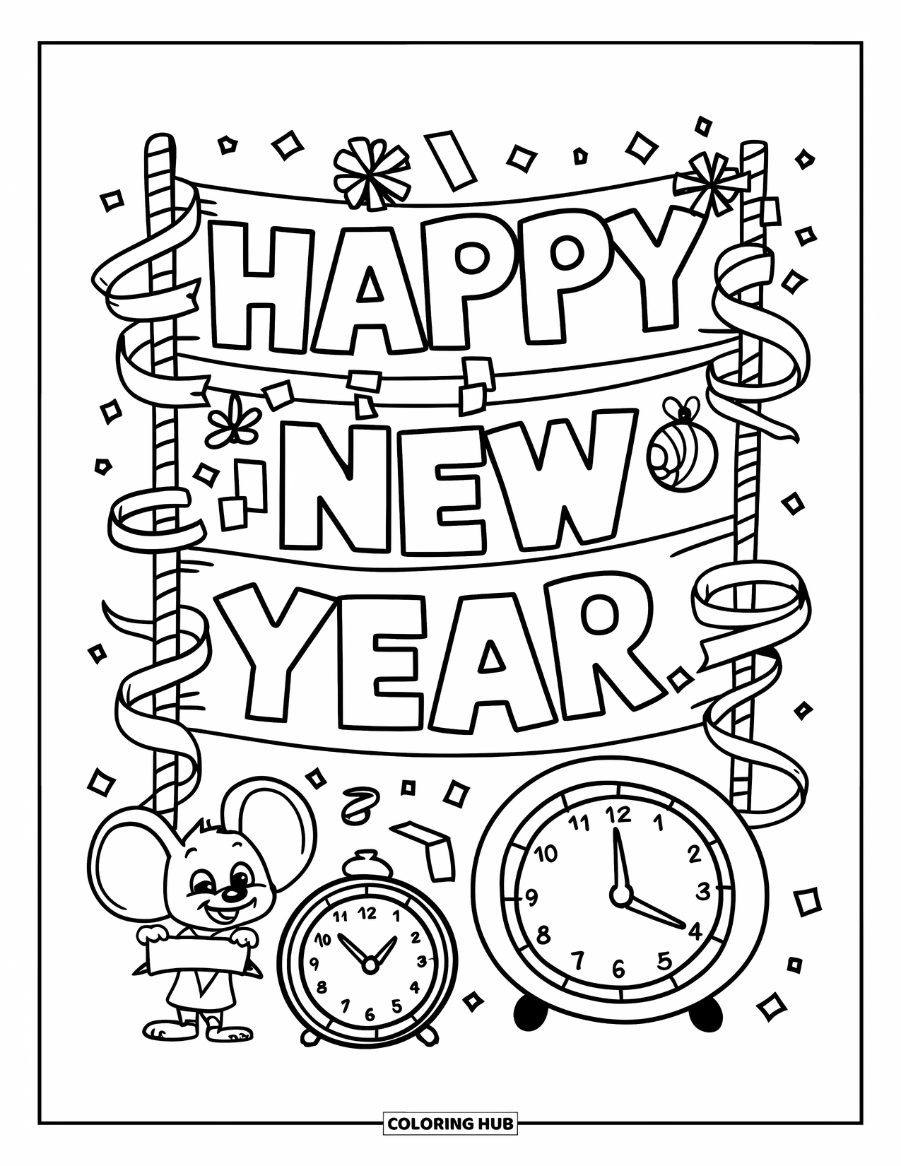 January Coloring Page for Kids: Mouse holding a banner under a Happy New Year sign and flying confetti