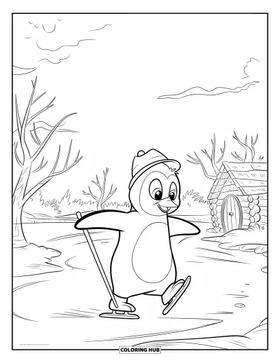 Coloriage de janvier pour enfants : Pingouin qui garde l'équilibre sur la glace en patinant près d'arbres et d'une cabane en bois