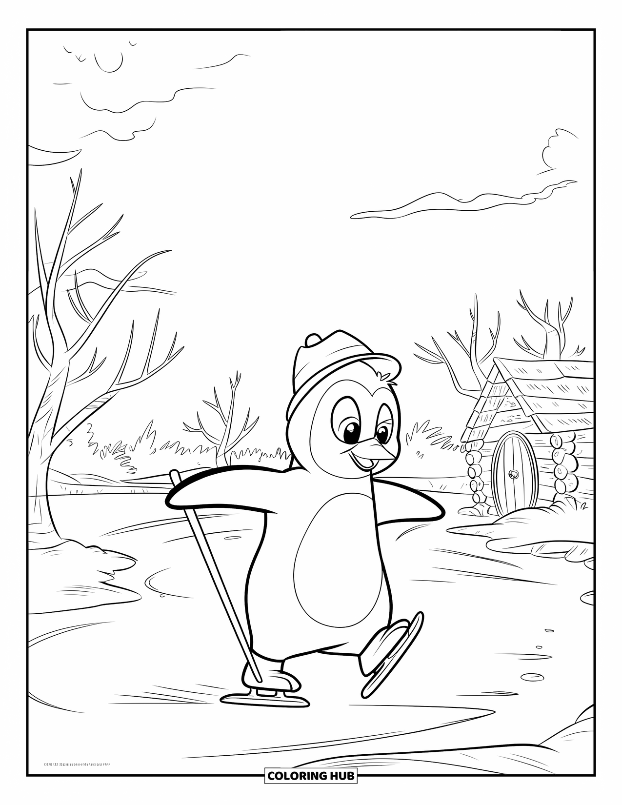 January Coloring Page for Kids: Penguin balances on the ice while skating near trees and a wooden hut