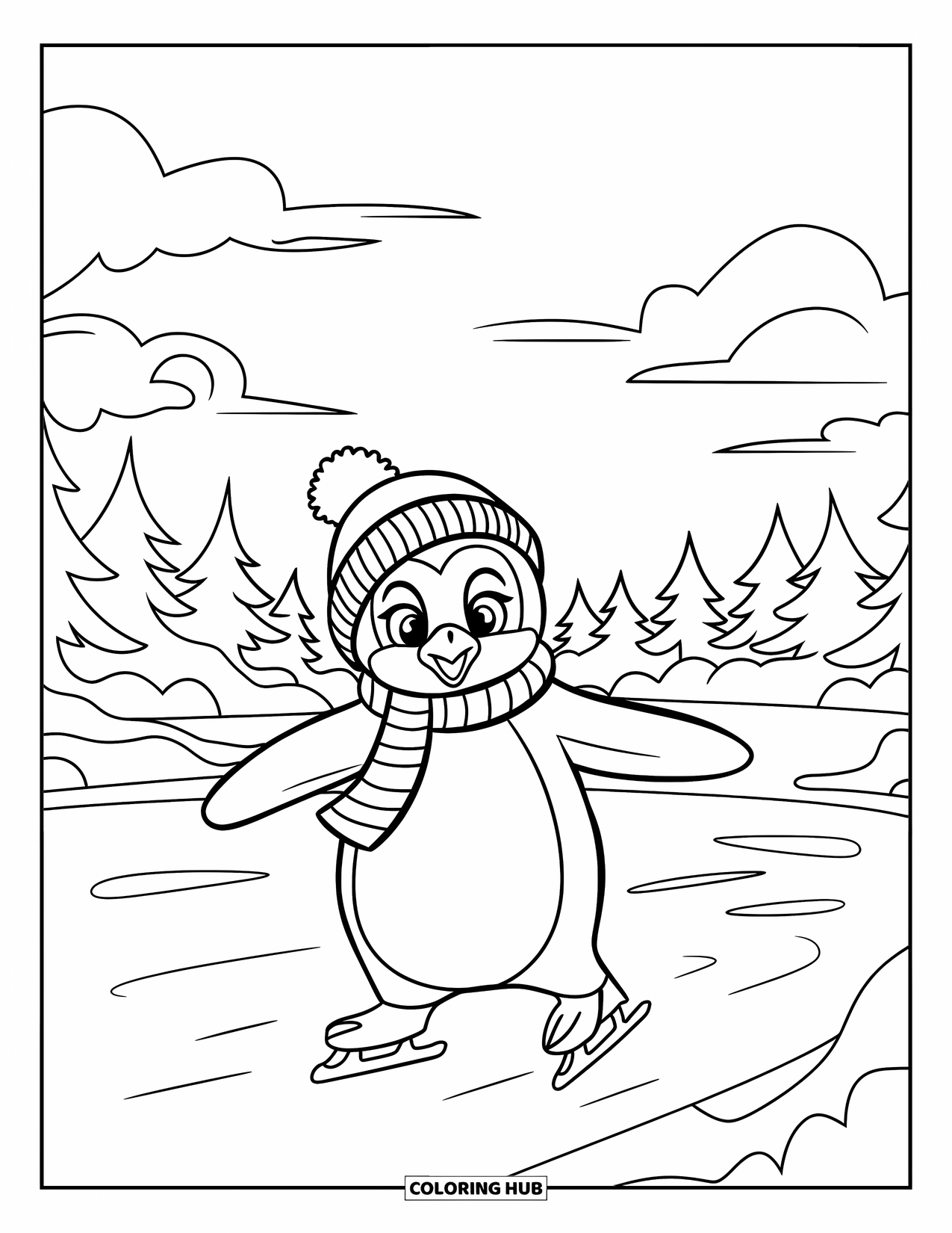 January Coloring Page for Kids: Penguin ice skating on a frozen pond under a cloudy January sky