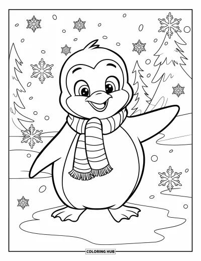 Coloriage de janvier pour enfants : Pingouin dans une écharpe rayée profitant du temps enneigé