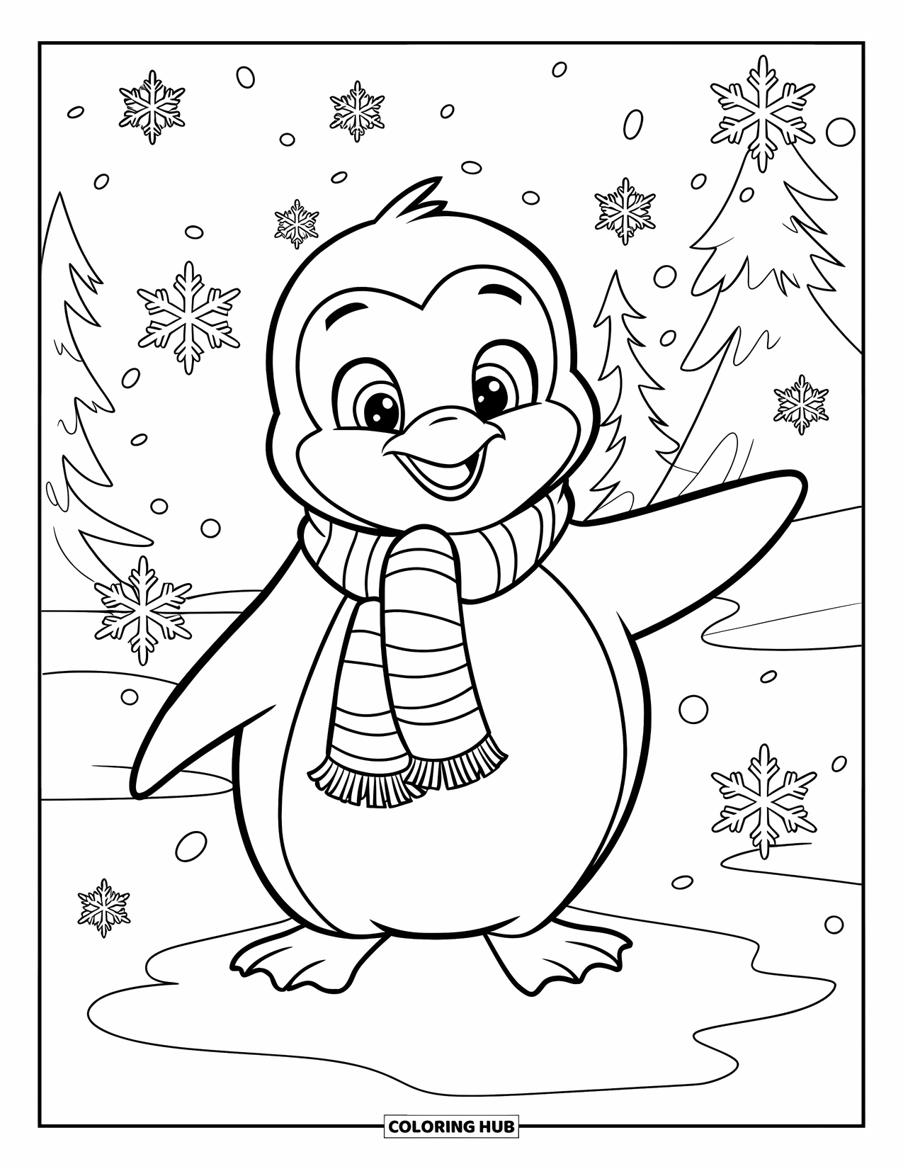 January Coloring Page for Kids: Penguin in a striped scarf enjoying snowy weather