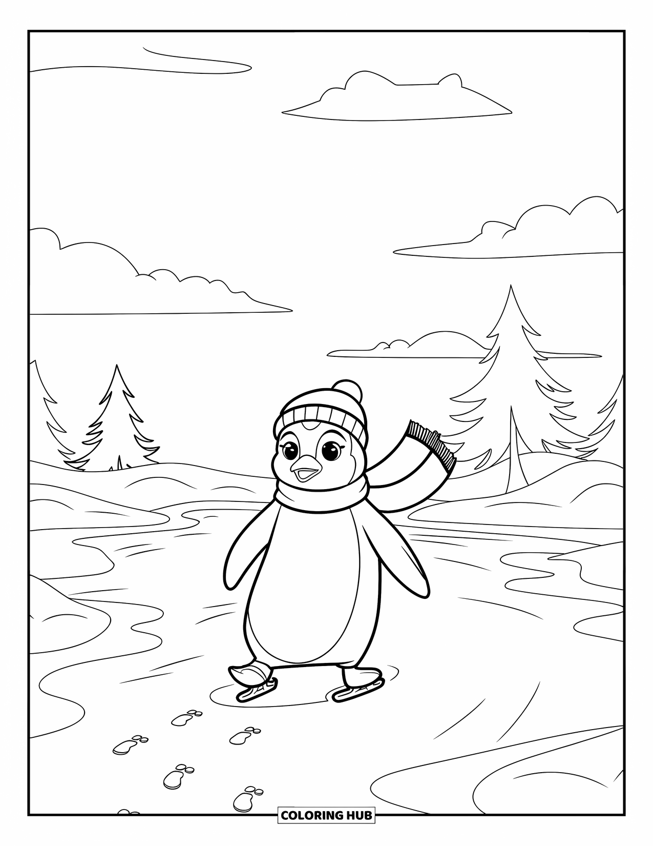 January Coloring Page for Kids: Penguin skates under gray clouds surrounded by bare trees and snow