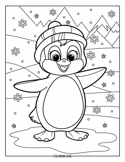 Coloriage de janvier pour enfants : Pingouin souriant sous des flocons qui tombent, portant un bonnet douillet