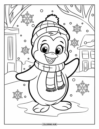 Coloriage de janvier pour enfants : Pingouin en écharpe et bonnet debout dans des montagnes enneigées