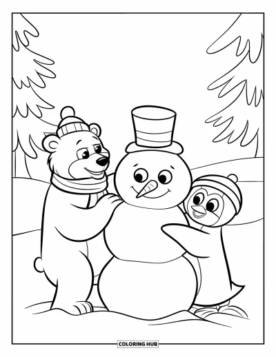 Coloriage de janvier pour enfants : Ours polaire et pingouin qui construisent un bonhomme de neige ensemble