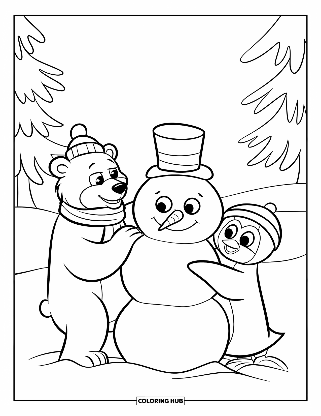 January Coloring Page for Kids: Polar bear and penguin building a snowman together in the snow
