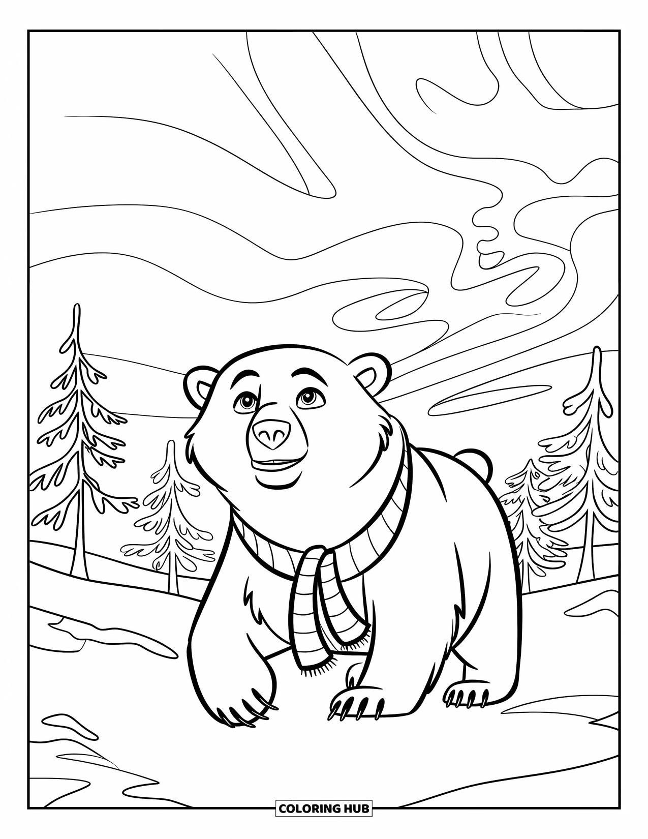 January Coloring Page for Kids: Polar bear in a scarf walks through a forest under the northern lights