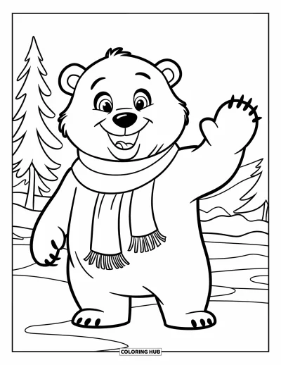 Coloriage de janvier pour enfants : Ours polaire en écharpe qui fait signe en se tenant dans un paysage enneigé