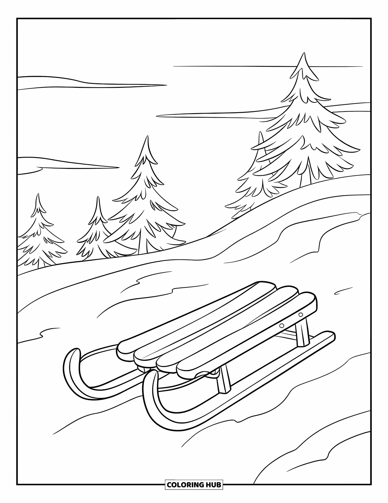 January Coloring Page for Kids: Simple sled on a snowy hill with pine trees in the distance