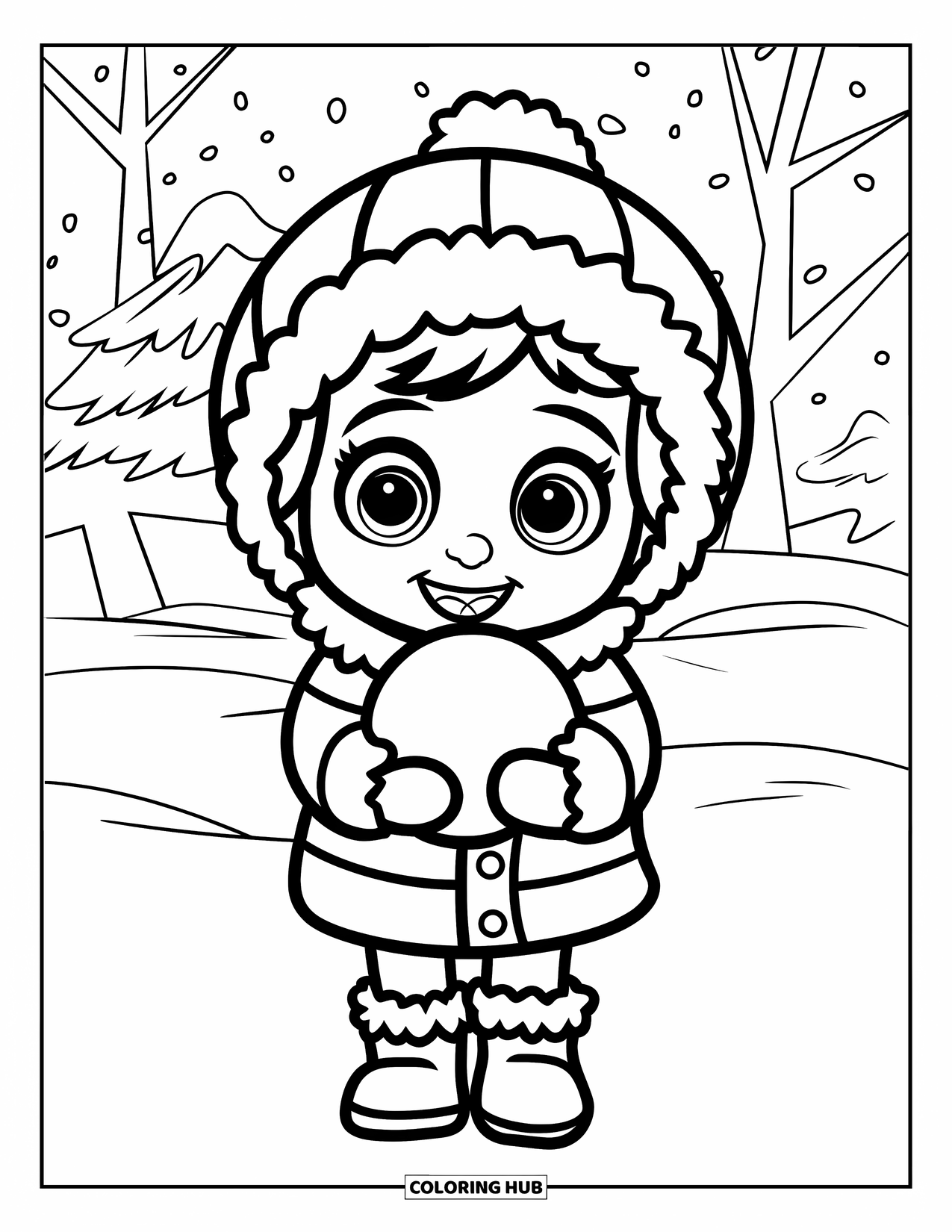 January Coloring Page for Kids: Smiling child in winter clothes holding a snowball in the snow