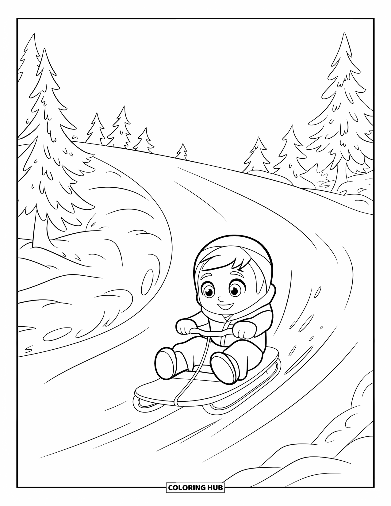 January Coloring Page for Kids: Smiling child sleds down a snow hill surrounded by pine trees