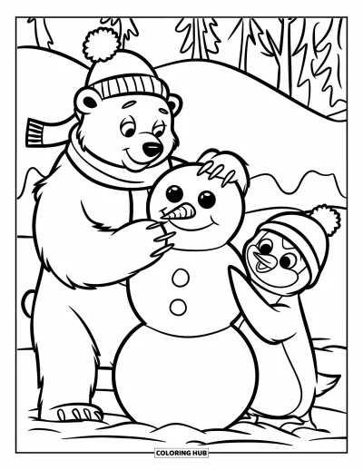 Coloriage de janvier pour enfants : Un ours polaire souriant et un pingouin construisent un bonhomme de neige ensemble