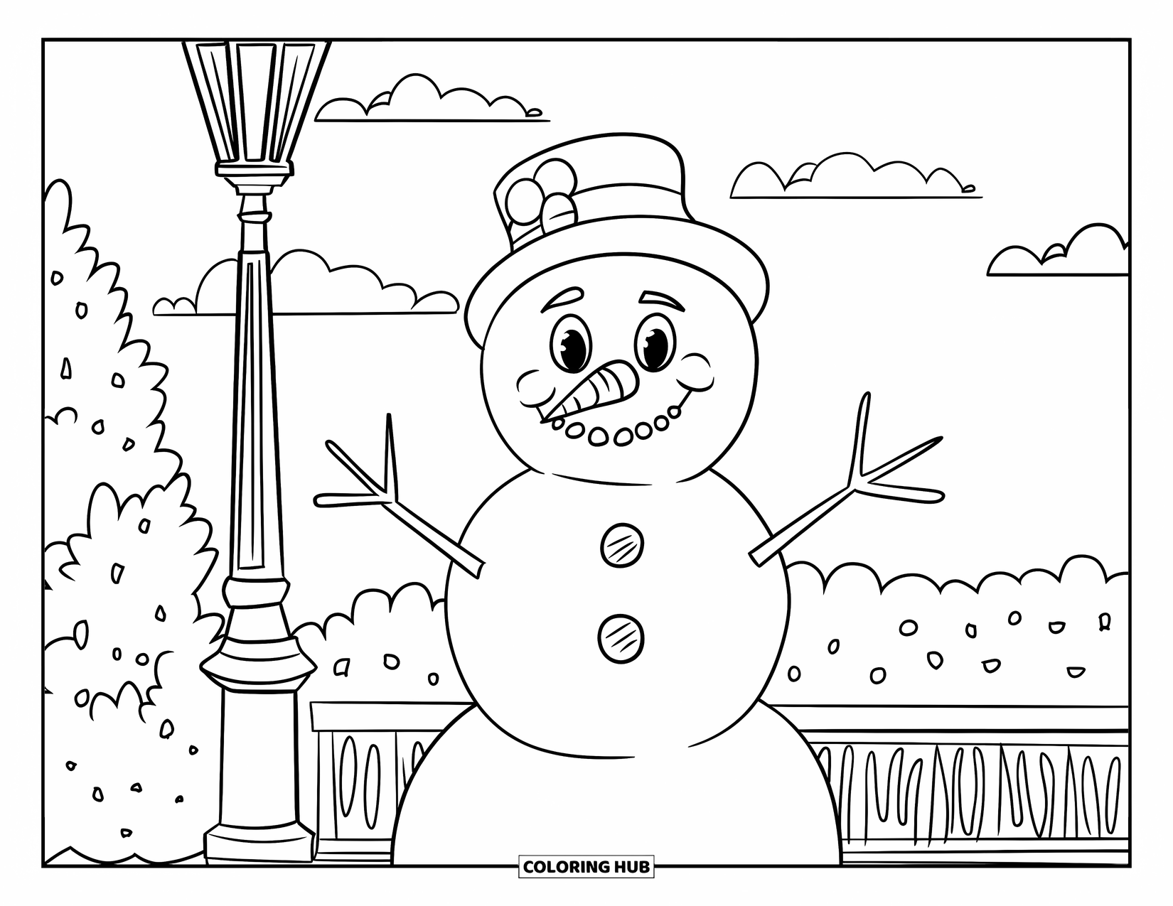 January Coloring Page for Kids: Smiling snowman near bushes and a lamp post in the snow
