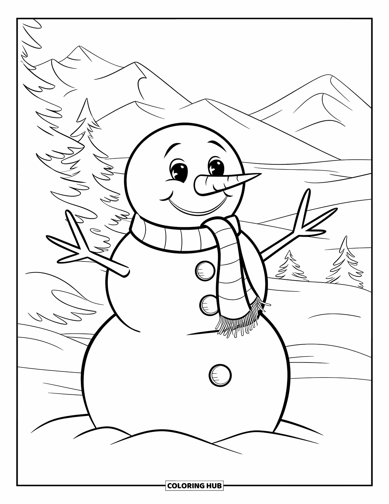 January Coloring Page for Kids: Smiling snowman with a scarf surrounded by trees and mountains