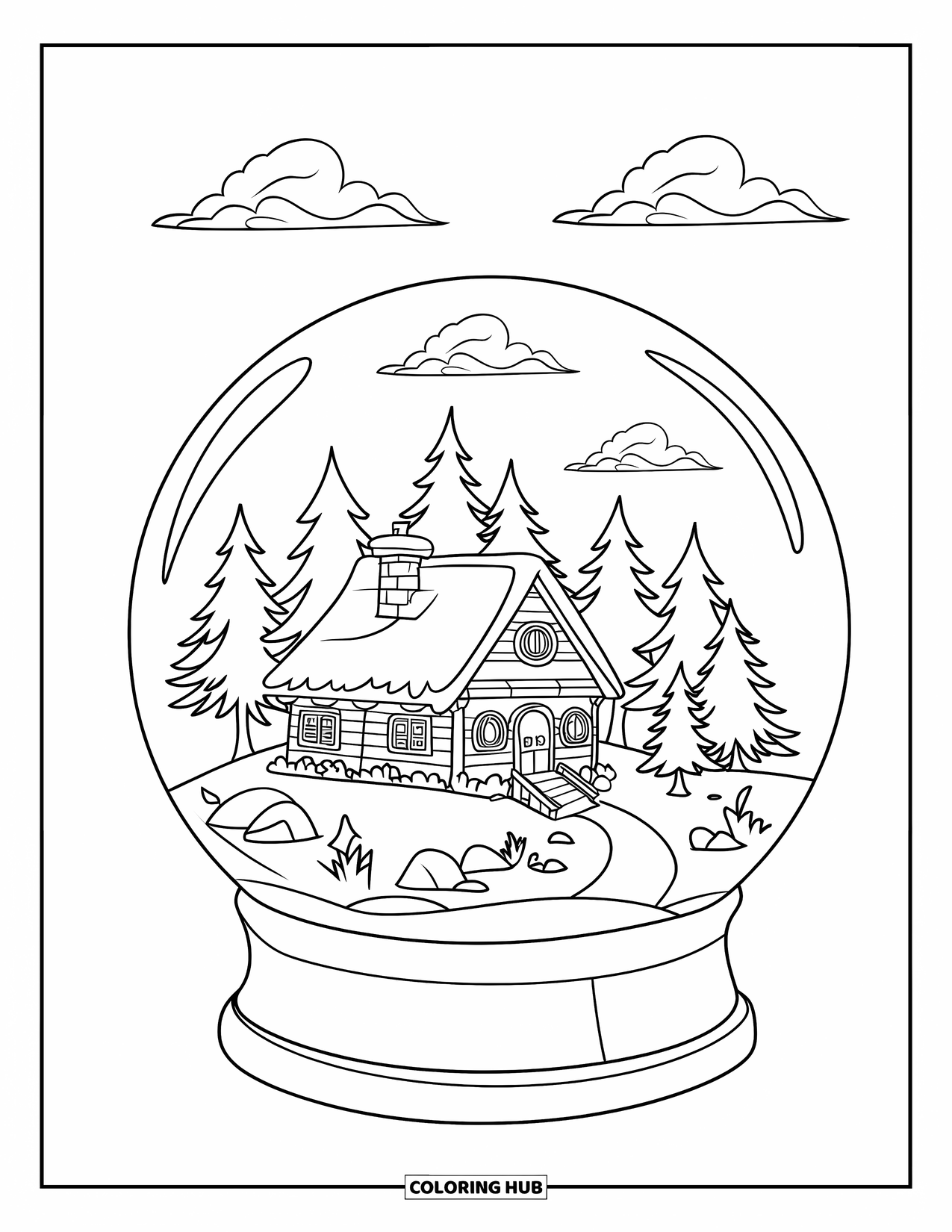 January Coloring Page for Kids: Snow globe holds a winter cabin and peaceful pine forest