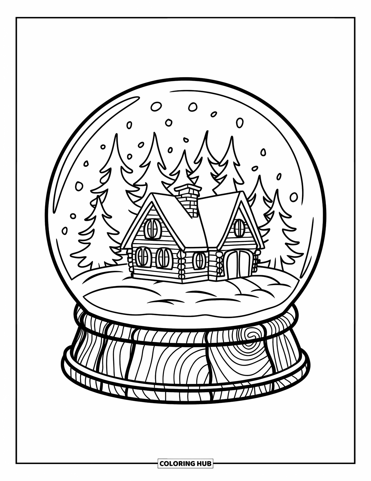 January Coloring Page for Kids: Snow globe with cozy cabin and snowy pine trees inside