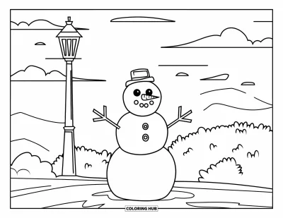 Coloriage de janvier pour enfants : Scène de bonhomme de neige avec des nuages, un lampadaire et un fond enneigé tout doux