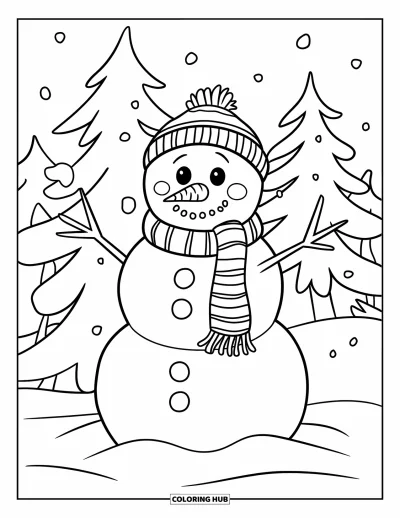 Coloriage de janvier pour enfants : Bonhomme de neige en écharpe debout gaiement dans la neige avec des sapins derrière