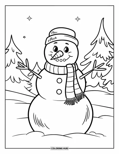 Coloriage de janvier pour enfants : Bonhomme de neige au nez en carotte et à l'écharpe dans une forêt de sapins enneigés