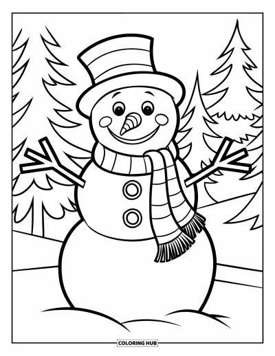 Coloriage de janvier pour enfants : Bonhomme de neige aux bras en bâton dans un décor de sapins enneigés