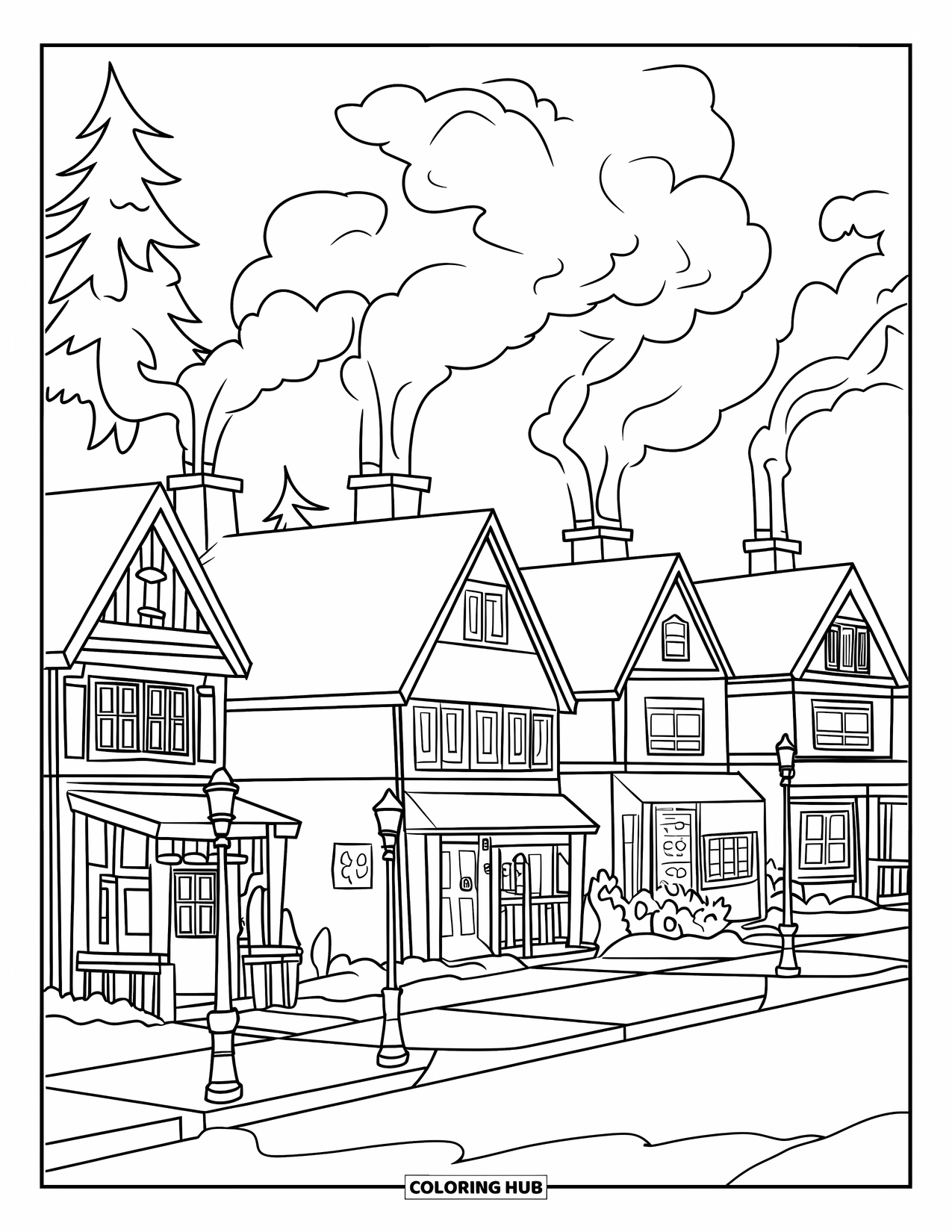 January Coloring Page for Kids: Snowy neighborhood street with smoke curling from chimneys
