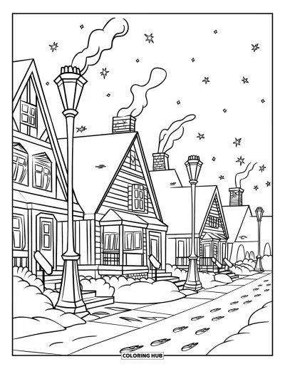 Coloriage de janvier pour enfants : Rue enneigée la nuit avec des maisons illuminées et de grands arbres