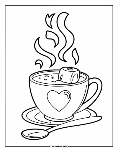 Coloriage de janvier pour enfants : Tasse de chocolat chaud fumant avec une guimauve et un cœur sur le mug