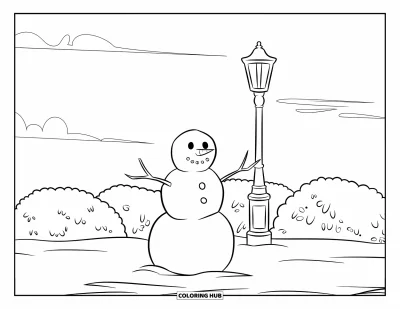 Coloriage de janvier pour enfants : Petit bonhomme de neige sous des nuages avec un lampadaire lumineux à côté