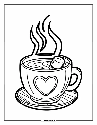 Coloriage de janvier pour enfants : Chocolat chaud dans un mug en forme de cœur avec de la vapeur qui monte et une cuillère à côté