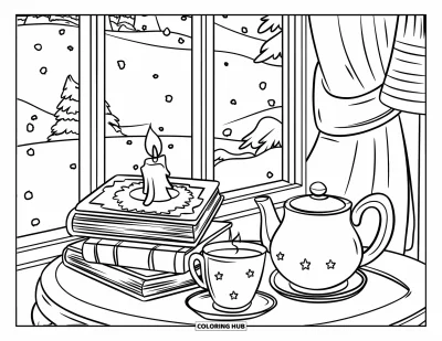 Coloriage de janvier pour enfants : Scène de fenêtre avec du thé, des livres et des arbres couverts de neige