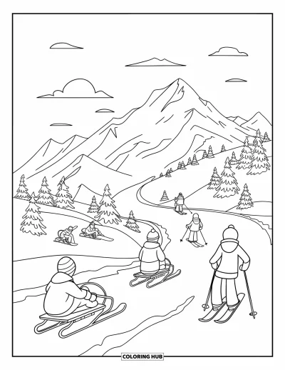 Coloriage de janvier pour enfants : Scène de montagne hivernale avec des luges, des skieurs et des arbres enneigés sous un ciel dégagé
