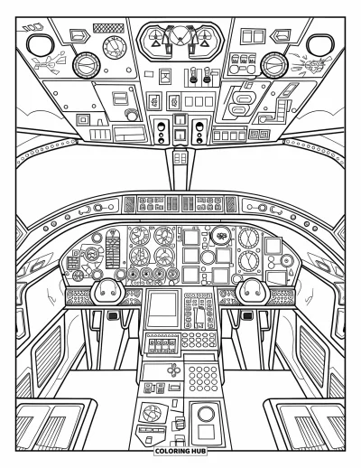 Fargeleggingsark med jetfly for voksne: Et cockpit fullt av instrumenter og brytere gir et avslappende og detaljert design