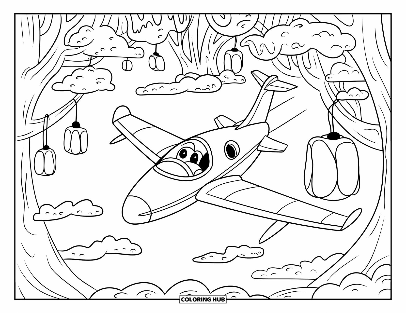 Jet Coloring Page for Adults: A friendly jet drifts through an enchanted forest of floating islands and lanterns
