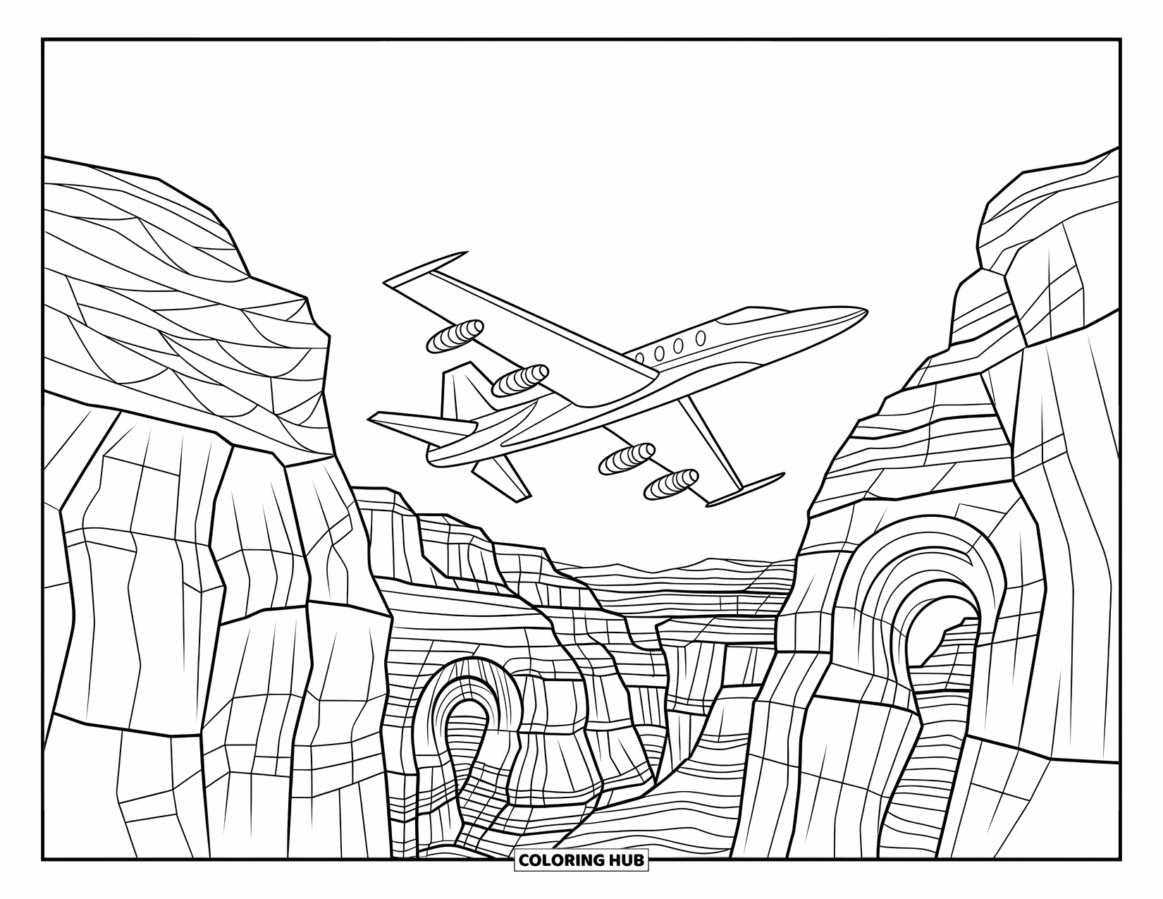 Jet Coloring Page for Adults: A jet cuts through a canyon of detailed carvings and arches under clear skies