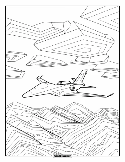 Fargeleggingsark med jetfly for voksne: Et jetfly flyr over terrasser av fjell under vinklete geometriske skyer og åpen himmel