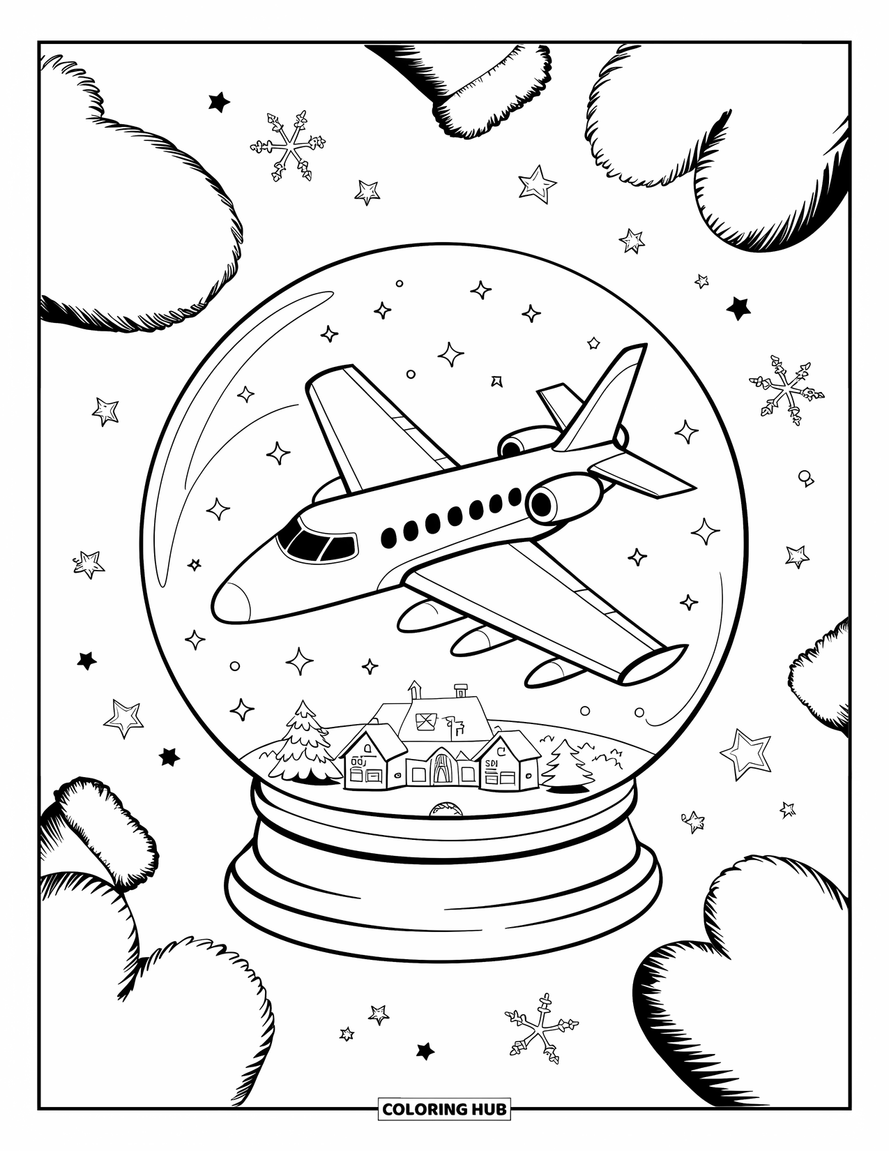 Jet Coloring Page for Adults: A jet floats inside a giant snow globe above a cozy winter village