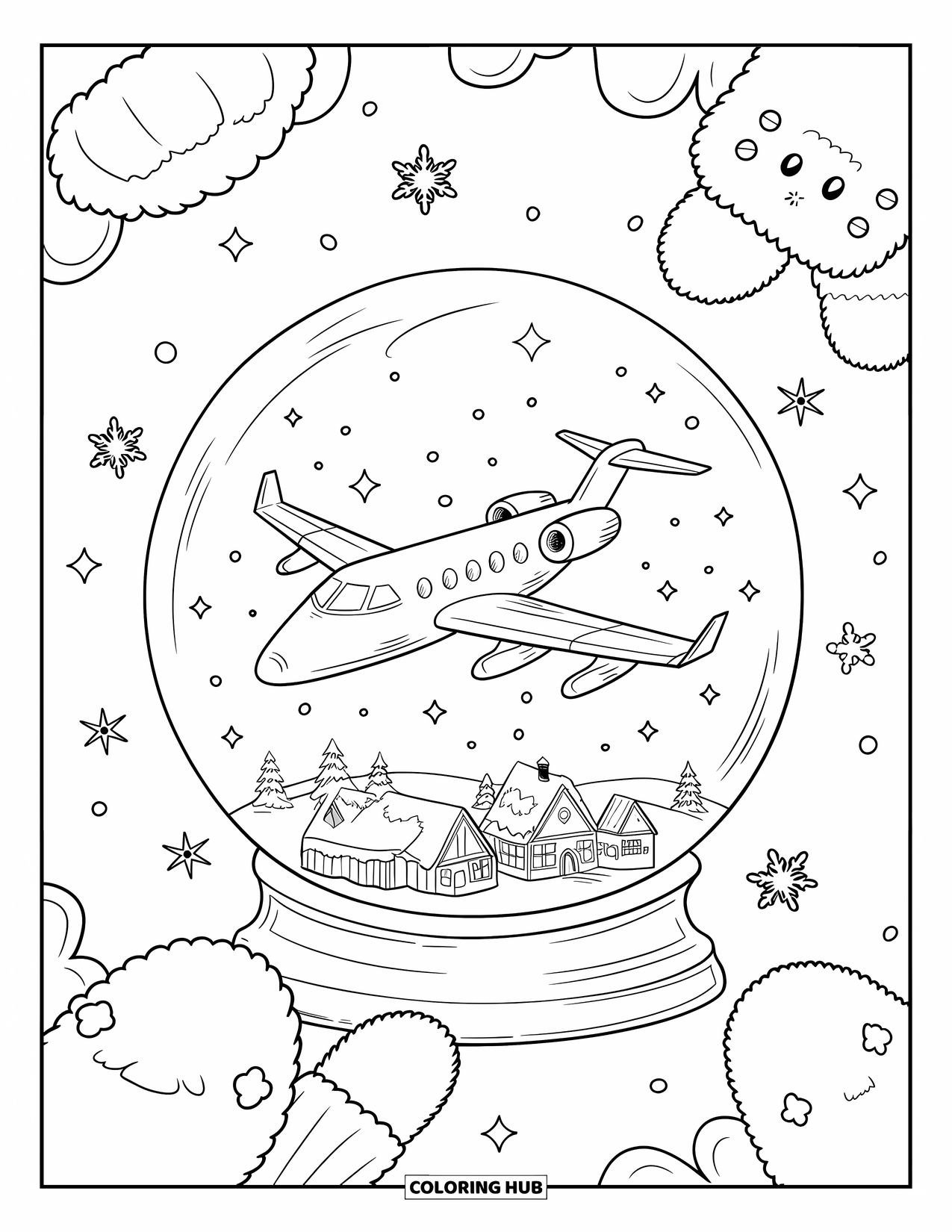 Jet Coloring Page for Adults: A jet floats inside a snow globe with sparkles, snowflakes, mittens, and doodled stars