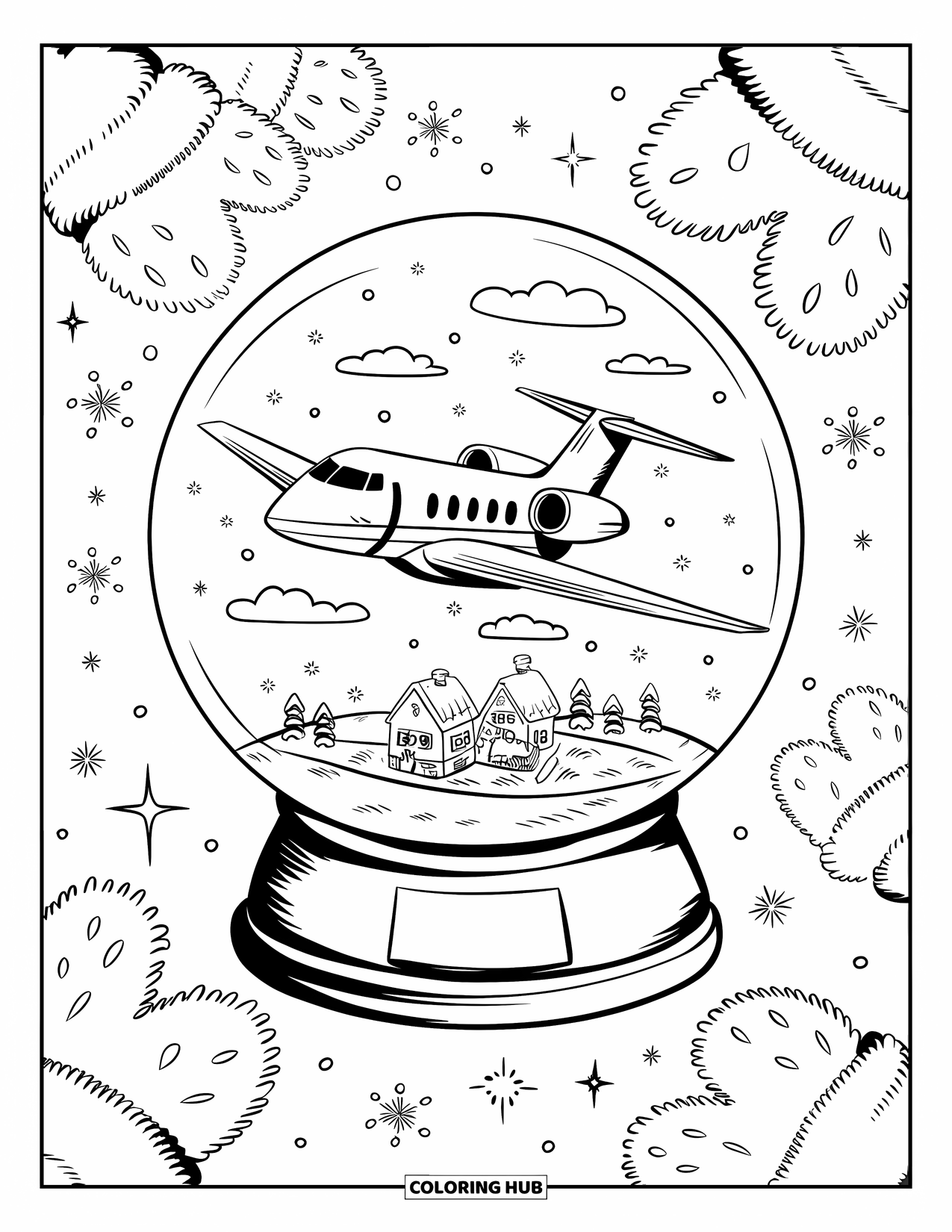 Jet Coloring Page for Adults: A jet rests in a snow globe surrounded by sparkles, snowflakes, and a winter village