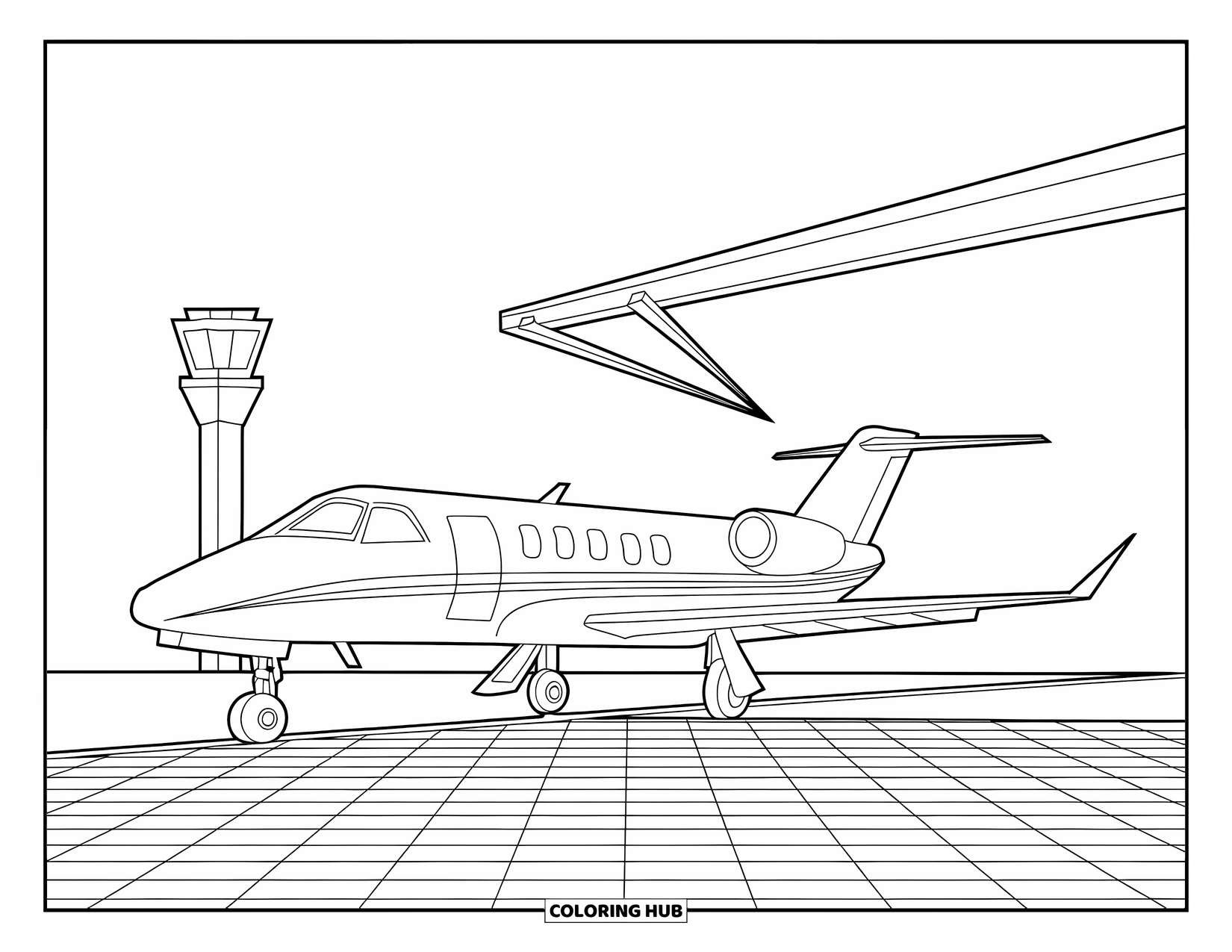 Jet Coloring Page for Adults: A jet stands parked with fueling arm extended on patterned tiles near a control tower