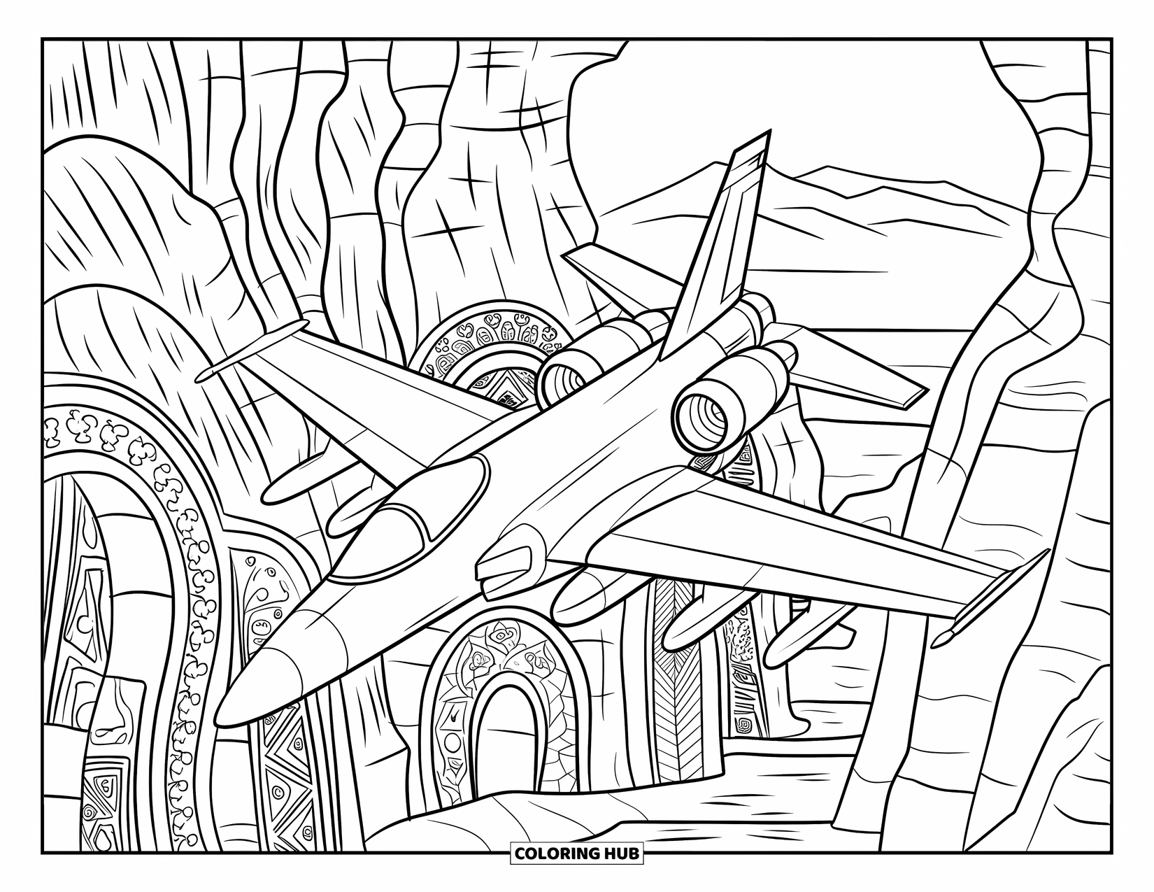 Jet Coloring Page for Adults: A jet sweeps through a canyon with intricate walls, arches, and far-off mountains