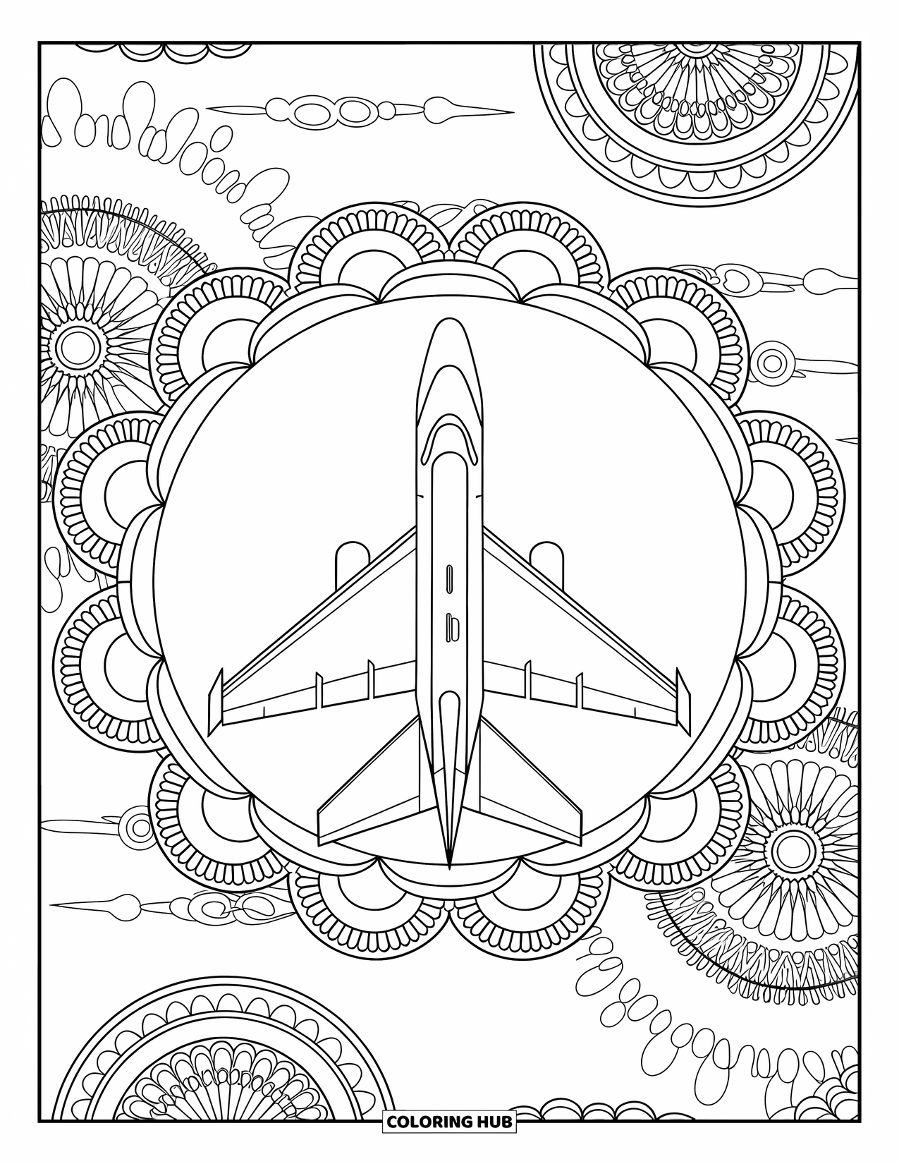 Jet Coloring Page for Adults: A jet viewed top-down is encircled by intricate mandala sky spirals and curves