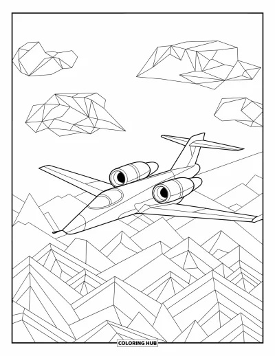 Fargeleggingsark med jetfly for voksne: Et jetfly med to motorer flyr over stablede fjellrygger og skarpe geometriske skyer