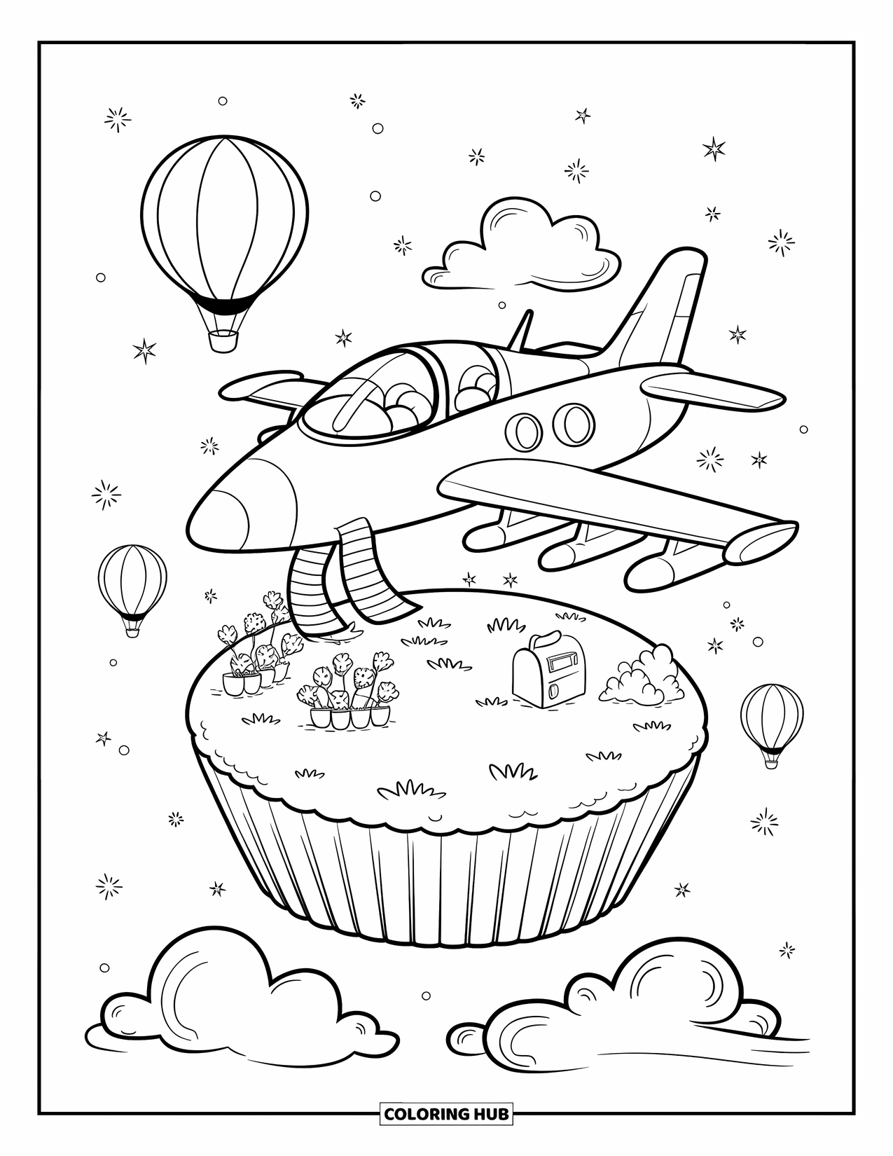 Jet Coloring Page for Adults: A kawaii jet in a scarf flies past a cupcake island with plants and floating balloons