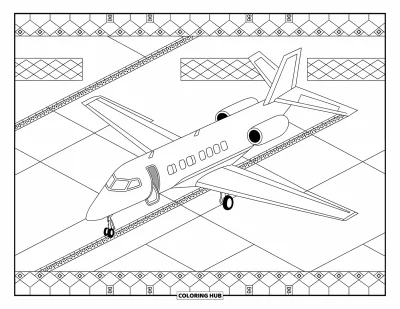 Fargeleggingsark med jetfly for voksne: Et parkert jetfly med tankingsarm hviler på sjakkbrettmønstrede flyplassfliser med kant